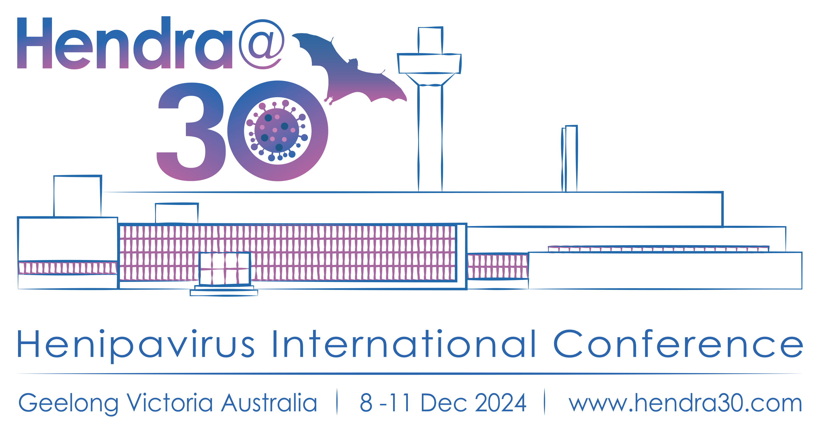Hendra@30 infographic logo with title Henipavirus International Conference, the location Geelong, Victoria, Australia, and the date 8th - 11th of December 2024